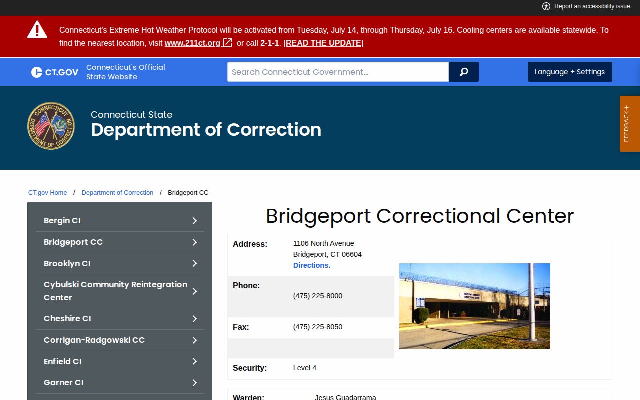 Bridgeport Correctional Center release and court-service information from CT DOC