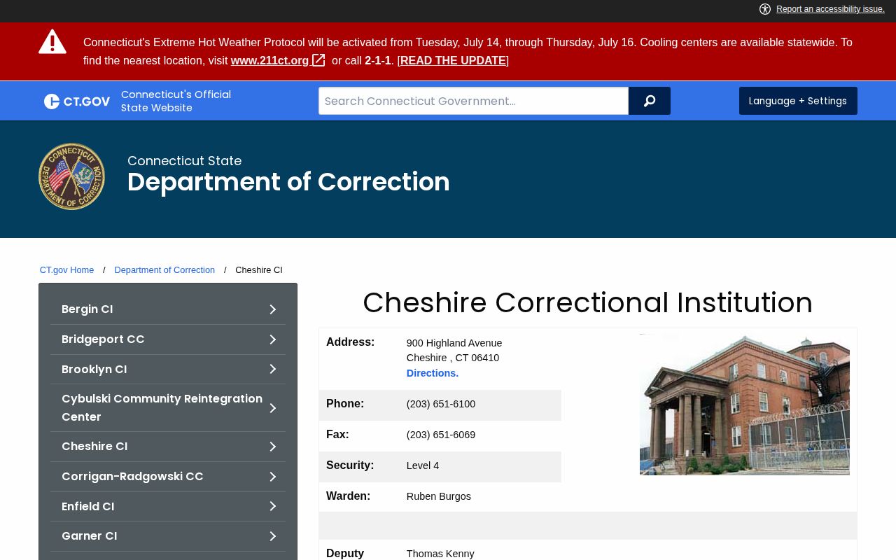 Cheshire Correctional Institution discharge and facility details from CT DOC