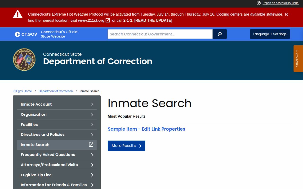 New Haven County projected release date route on the CT DOC inmate search page
